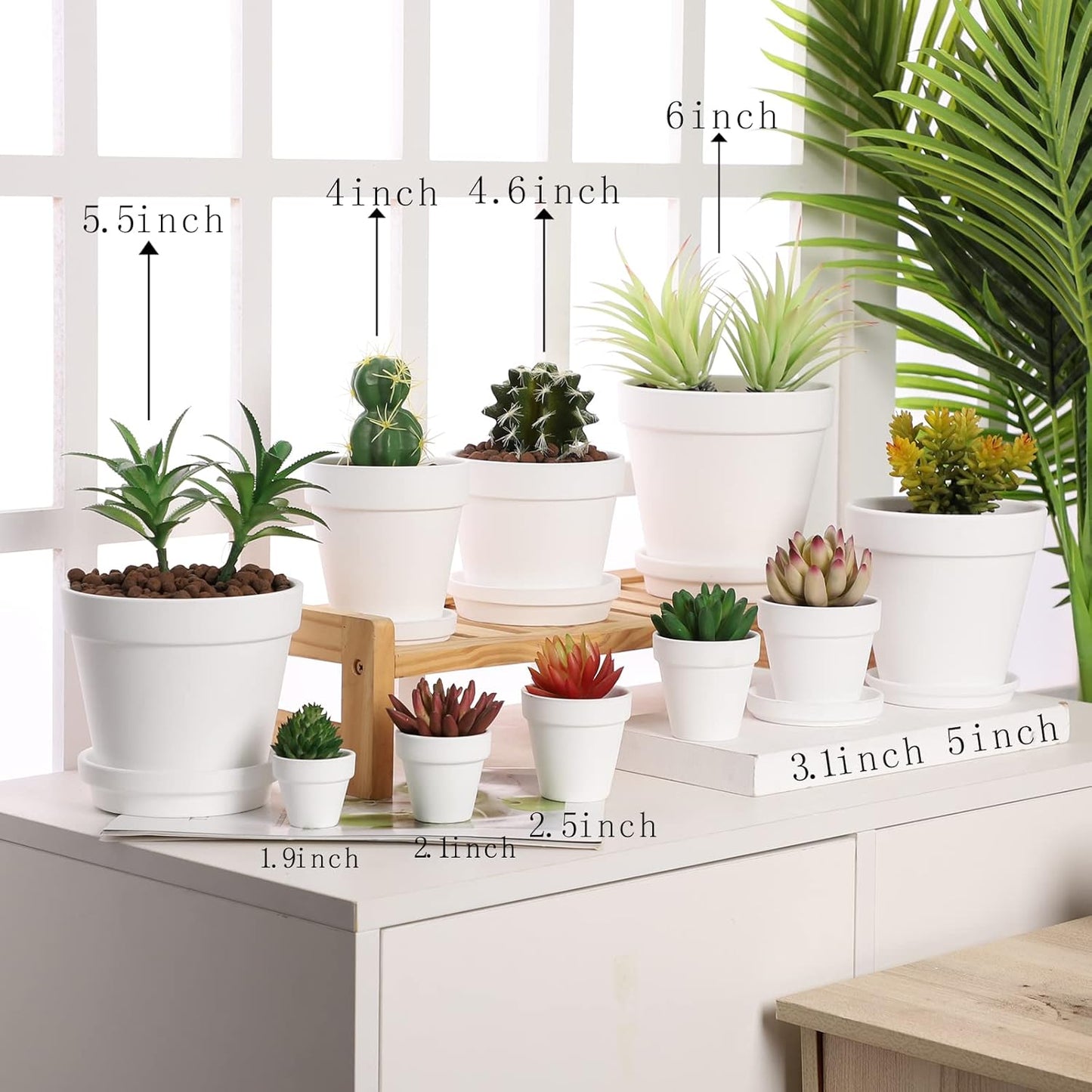 Yishang Large Terra Cotta Pots with Saucer- 6 Pack Large 6'' Terra Cotta Plant Pot with Drainage Hole, Flower Pot with Tray, Terracotta Pot for Indoor Outdoor Plant(White)