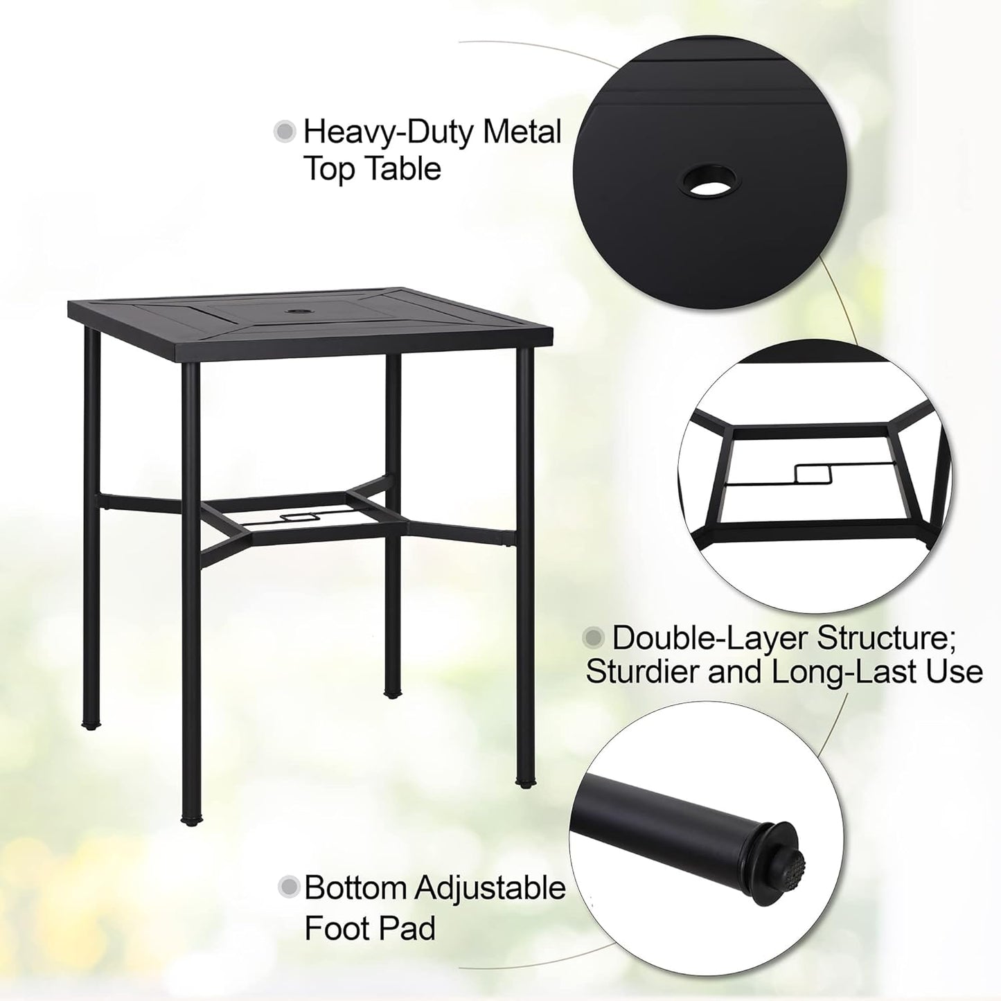MFSTUDIO 5 PCS Outdoor Patio Bar Sets, Heavy Duty Metal 4 Swivel Counter Height Chairs with Seat & Back Support Cushion, 1 Square Metal High Table, Black