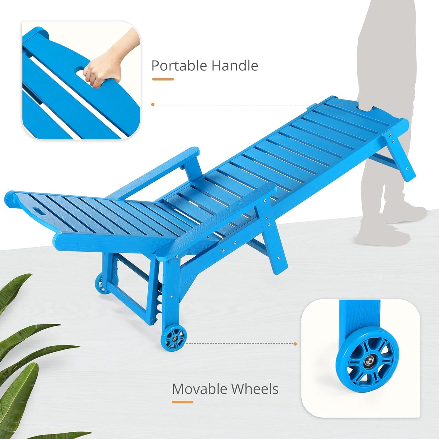 LUE BONA Outdoor Chaise Lounge Chairs Set of 4, 79'' Oversized HDPS Chaise Lounger, 5 Positions Adjustable Lounge Chairs, Pool Lounge Chair with Wheels for Poolside, Backyard, 3 Year Warranty, Blue