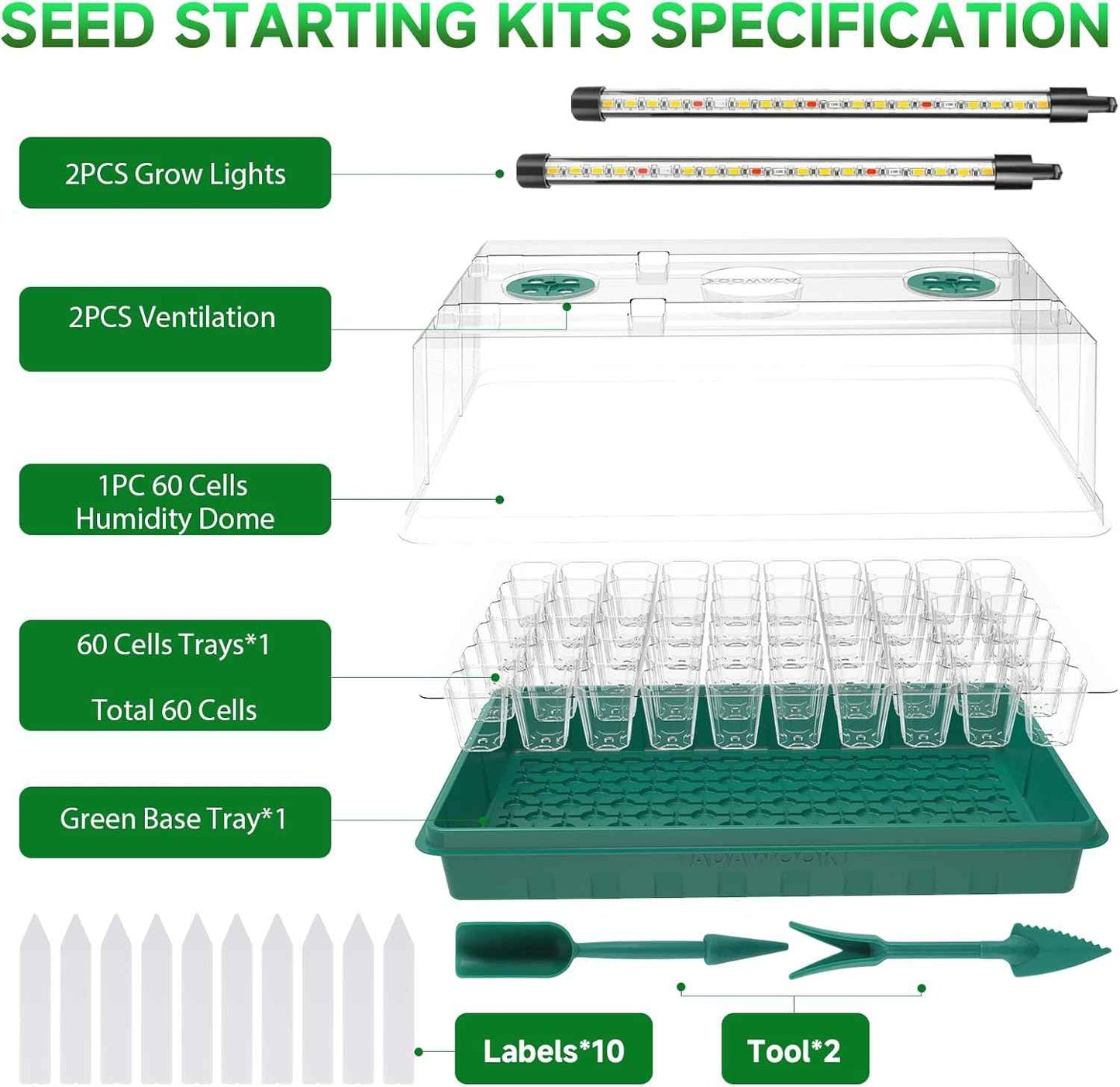 Adawook Seed Starter Trays with Grow Lights, Color Change Grow Lights for Seed Starting Kit, 3 Timming Set, Indoor Plant Growing Kit for Gardeners, Germination Trays Kits, Gardening Gifts (60 Cells)