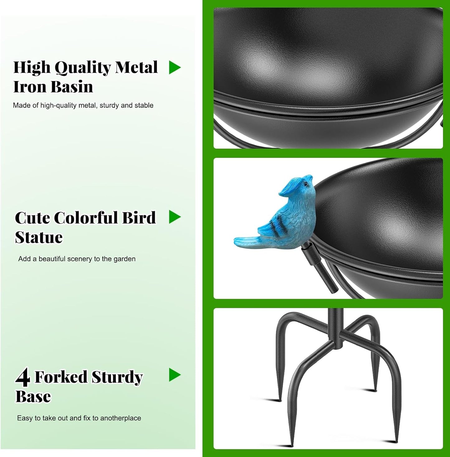 Outdoor 55In Metal Bird Bath for Outside, Cast Iron Tall Birdfeeder Birdbaths Bowl with 3 Resin Bird Statue Decorative, Bird Feeders for Outdoor Yard Lawn Patio Decor Black