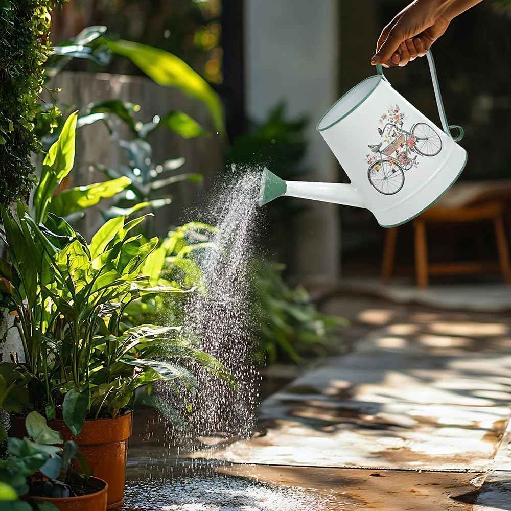 Small Watering Can for Indoor Plants Garden Metal Decorative Watering Can Outdoor Bonsai Balcony Courtyard Garden Flower Decorative, 1.5L, 50.7 Oz (White Green)