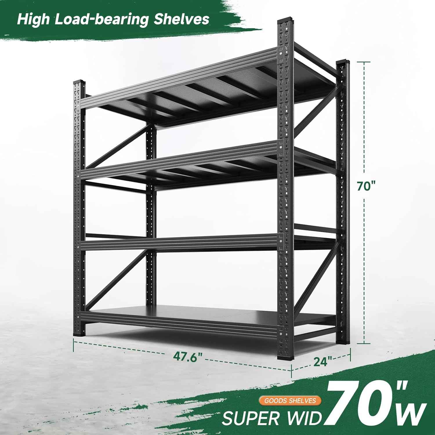 Letaya 3000LBS Storage Shelves Heavy Duty,70" H Garage Shelving Units, 4 Tier Adjustable Utility Rack Shelf,Large Metal Industrial Shelves,for Shop,Warehouse,Basement,Black (48" W x 24" D x 70" H)