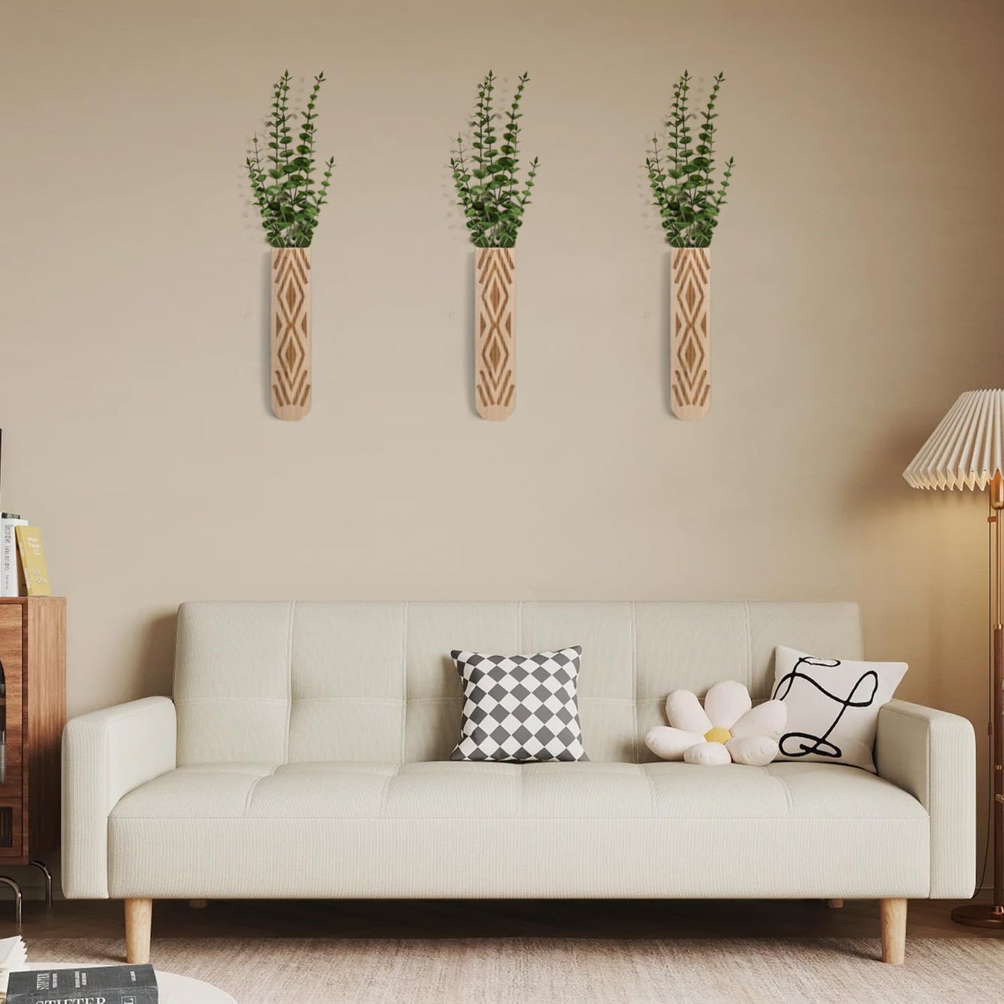 Wooden Wall Planter Set of 3 - Modern Bohemian Home Decor for Living Room, Bedroom, Bathroom - Beige Finish Planter for Dried Flowers, Faux Greenery, Indoor Plants