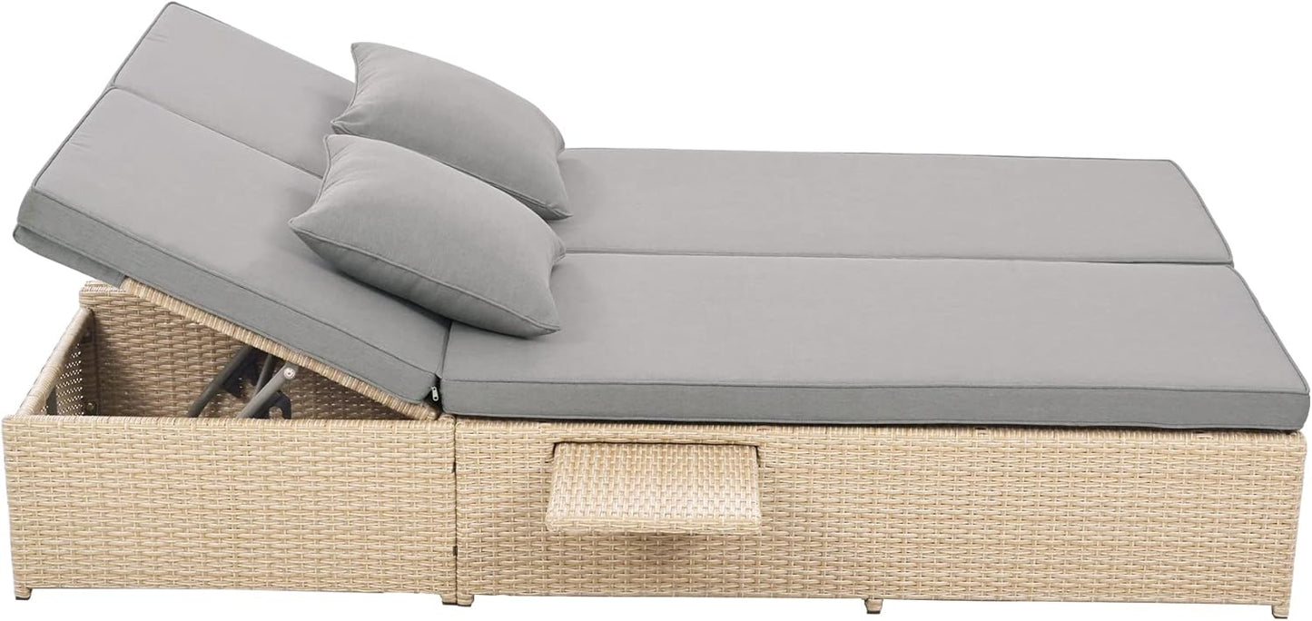Outdoor Rattan Daybed Patio Wicker Double Sunbed with Adjustable Backrest and Cup Tray, All Weather Patio Reclining Chairs Conversations Set with Thick Cushions and Pillows for 2 Person (Brown-D)