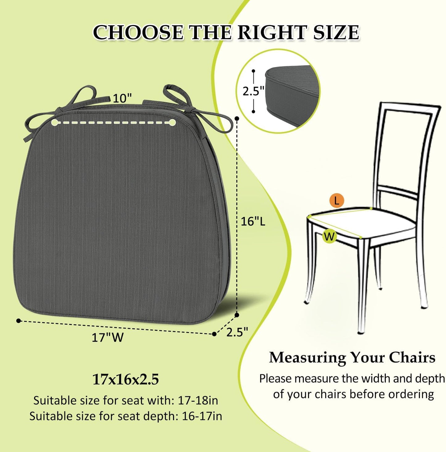 Chair Cushions for Dining Chairs, Indoor Chair Cushions with Ties，Waterproof Chair Pads Set of 6, Dark Grey, 17x16x2.5 Inch