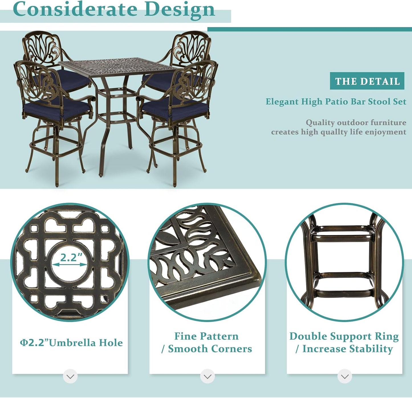 MEETWARM 5-Piece Patio Swivel Bar Set, All-Weather Cast Aluminum Outdoor High Bar Stool Bistro Set for Backyard Garden with 4 Cushions Bar Chairs with Footrest and 35.4" Bar Table, 2.2" Umbrella Hole