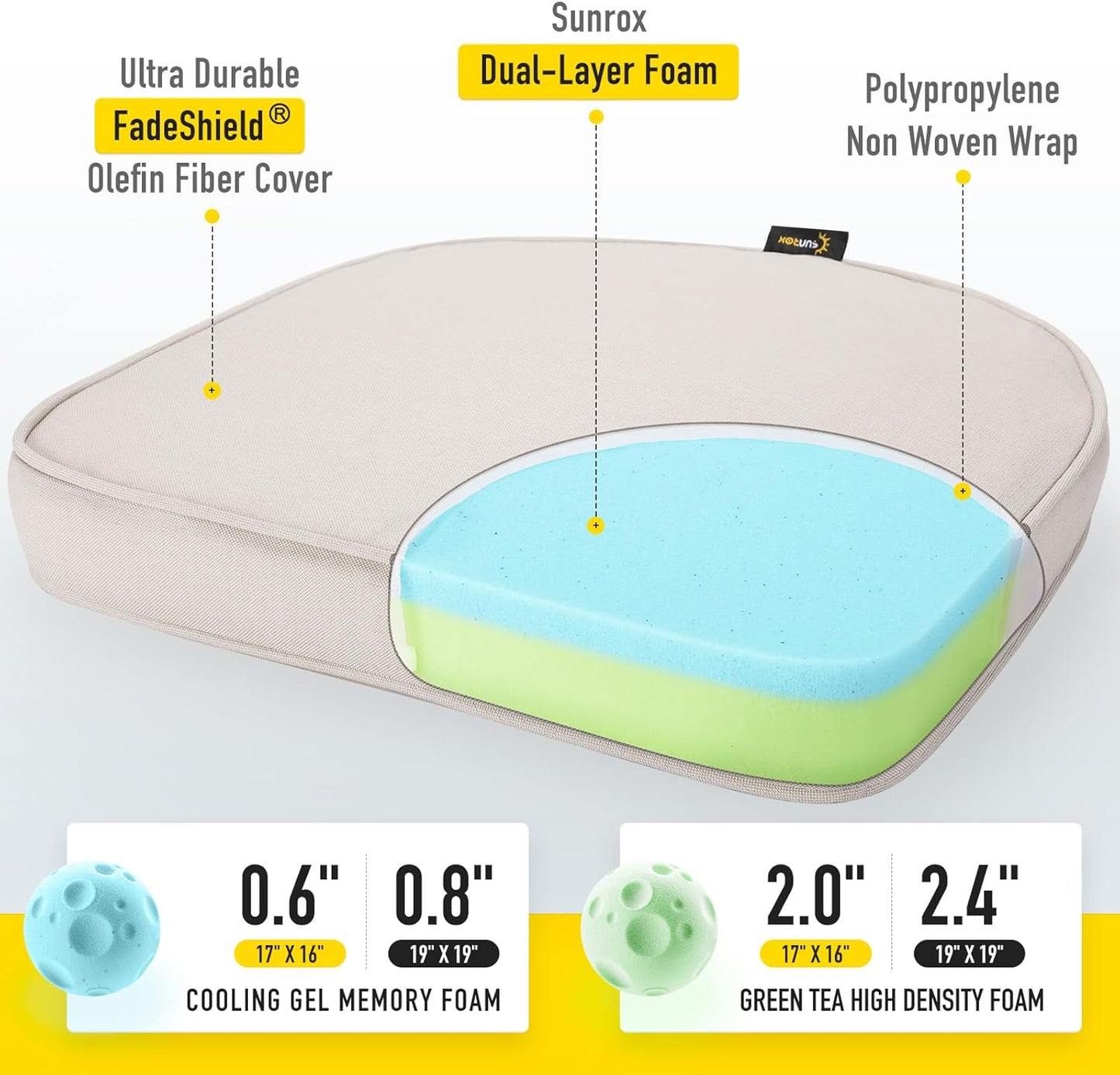 SUNROX Gel Memory Foam Chair Cushions, FadeShield Water-, Stain-Resistant Durable Reversible Seat Cushion Pads with Ties for Indoor/Outdoor Kitchen Dining Office 17"x16" Set of 2, Cream