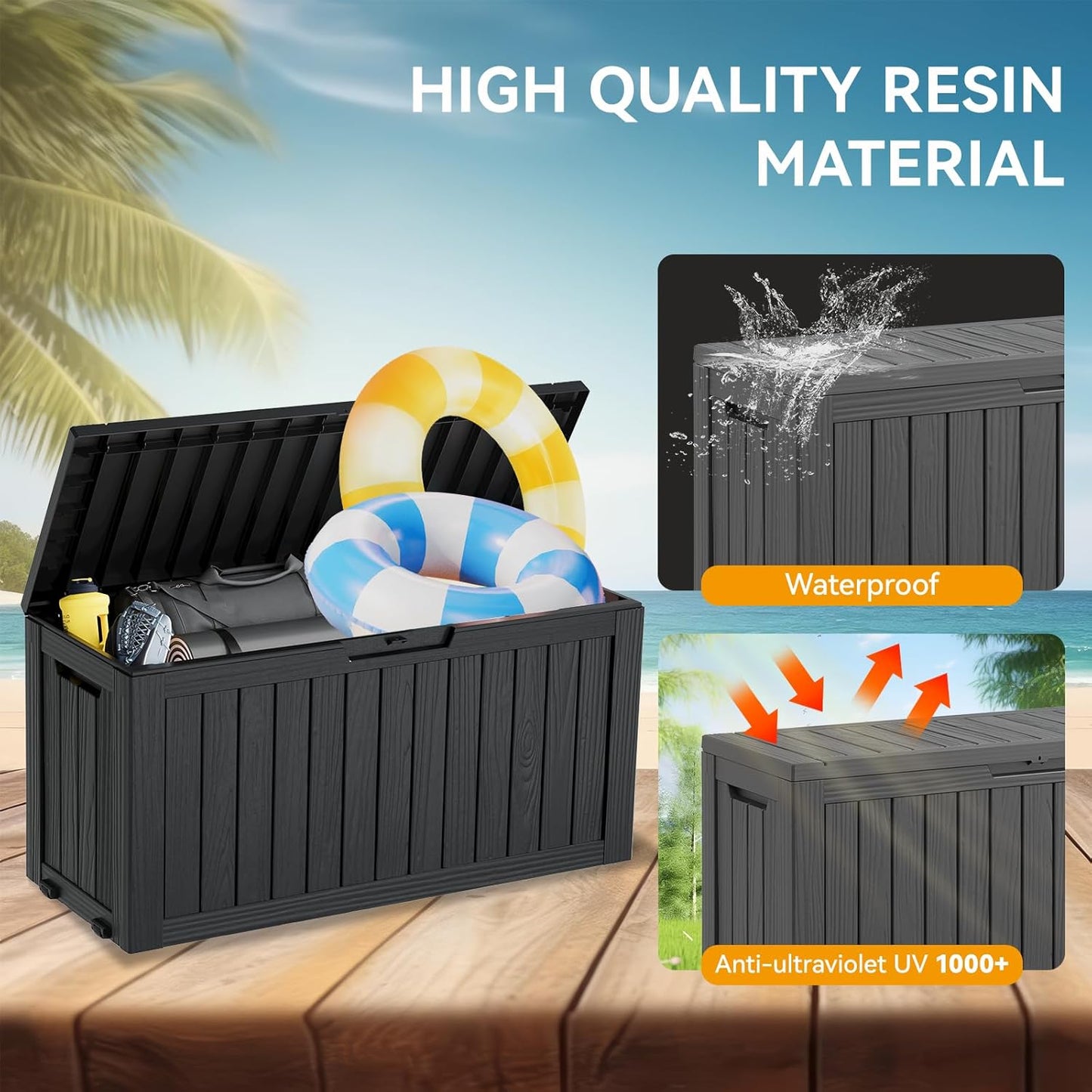 KAMABOKO Deck Box, 75 Gallon Resin Indoor and Outdoor Storage Boxes Waterproof for Garden Tools, Pool Accessories Storage Bench, Patio Furniture and Cushions with Lockable Lid, Black