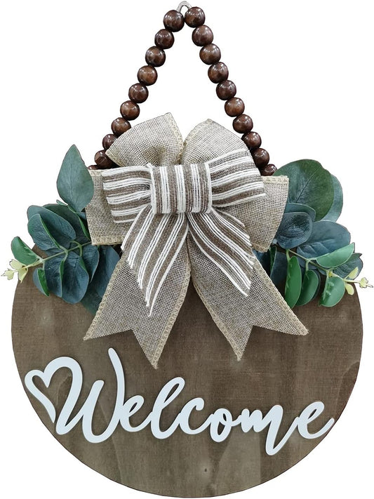 3D Welcome Sign for Front Door |Home/Farmhouse Porch Décor Wooden Hanging Sign with Artificial Leaves and Rustic Beads | Christmas Classroom |12" Round
