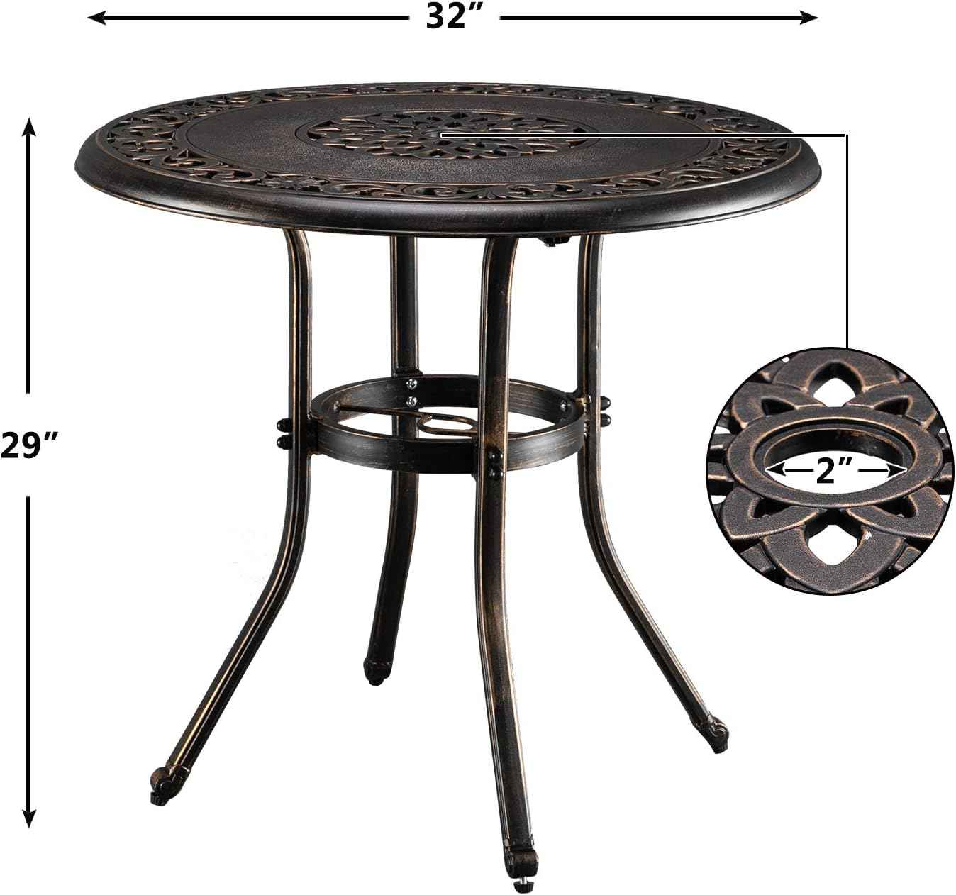 VINGLI 32 Inch Outdoor Patio Table with Umbrella Hole, Cast Aluminum Round Patio Dining Table Bistro Table for Backyard, Garden, Patio, Porch (Bronze)