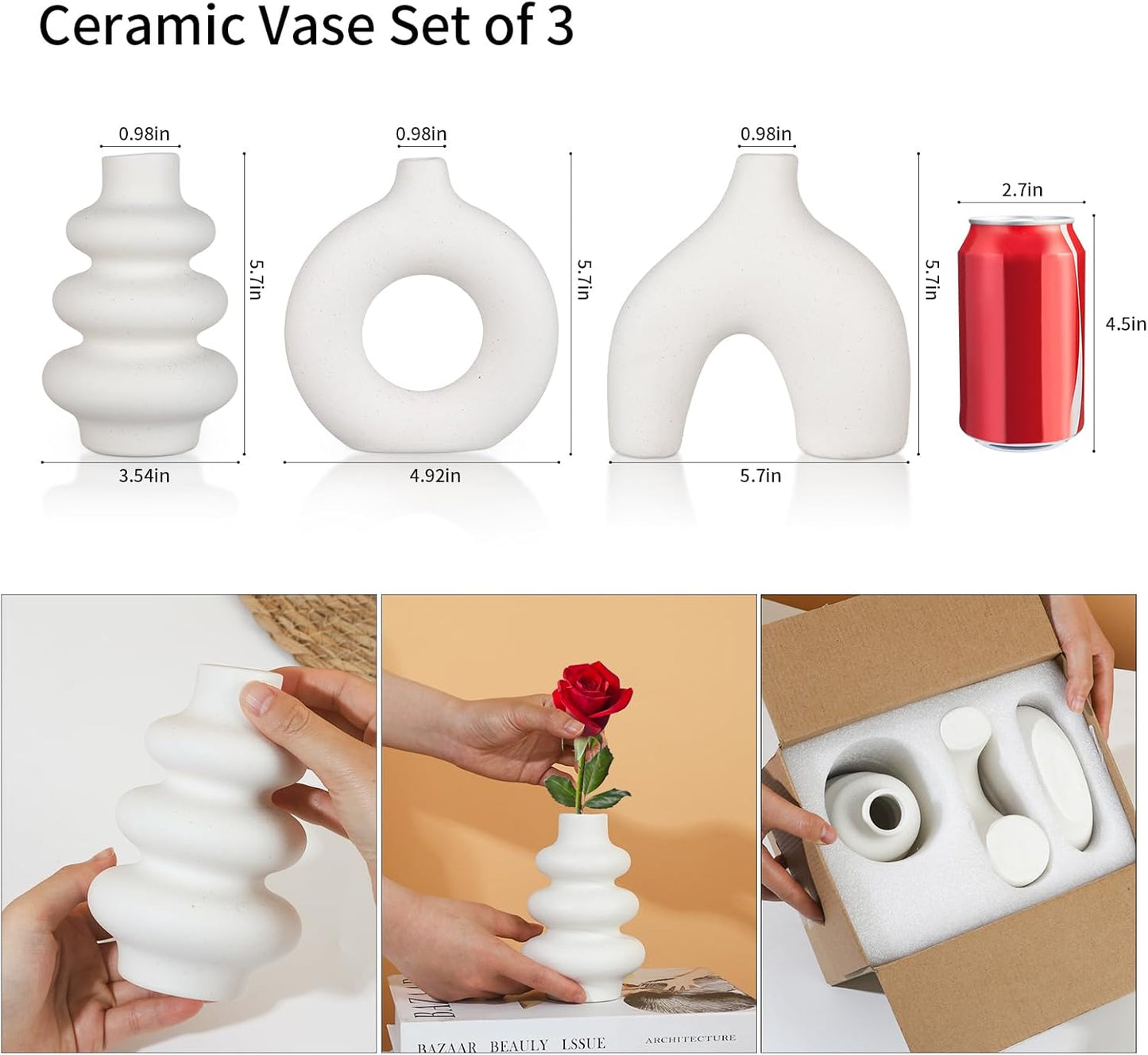 Ceramic Vase Set of 3, Small Flower Vase for Home Decor, Decorative Vases for Pampas Grass & Dried Flowers, Living Room, Bedroom, Bathroom, Shelf Centerpiece Table Decorations