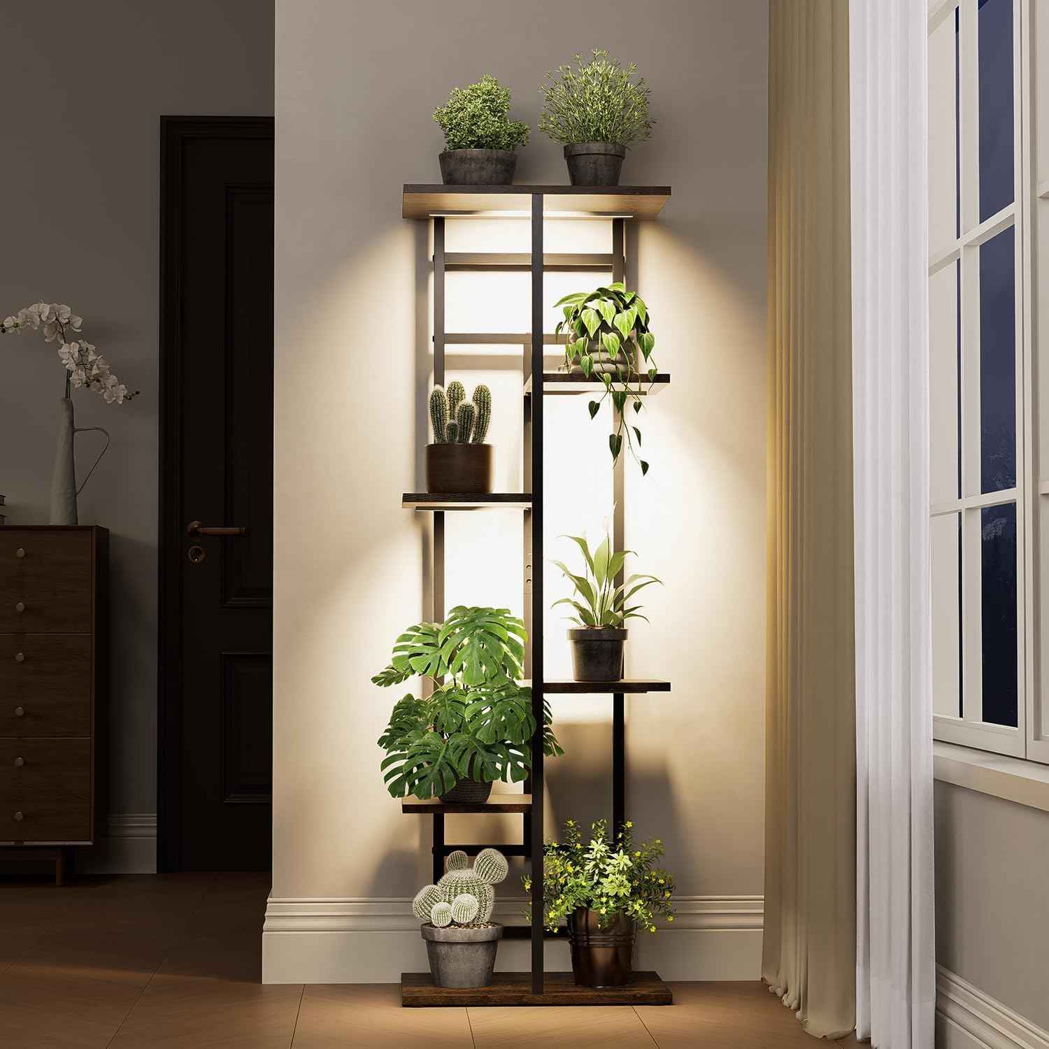 Plant Stand Indoor with Grow Lights, 6-Tiered Tall Plant Stand Metal Metal Corner Large Plant Shelf Display Rack Holder for Patio Living Room Balcony