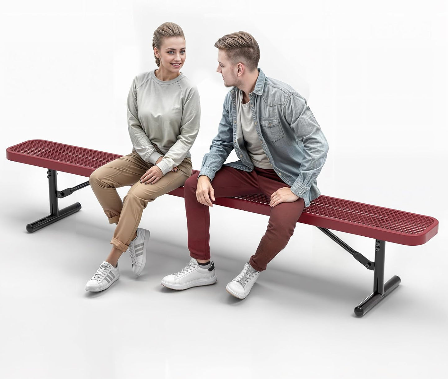 Heavy-Duty Outdoor Metal Bench, Thermoplastic-Coated, Portable, Weatherproof, Commercial-Grade for Parks, Gardens, Patios, Stores & More (8 Ft - Portable, Red)