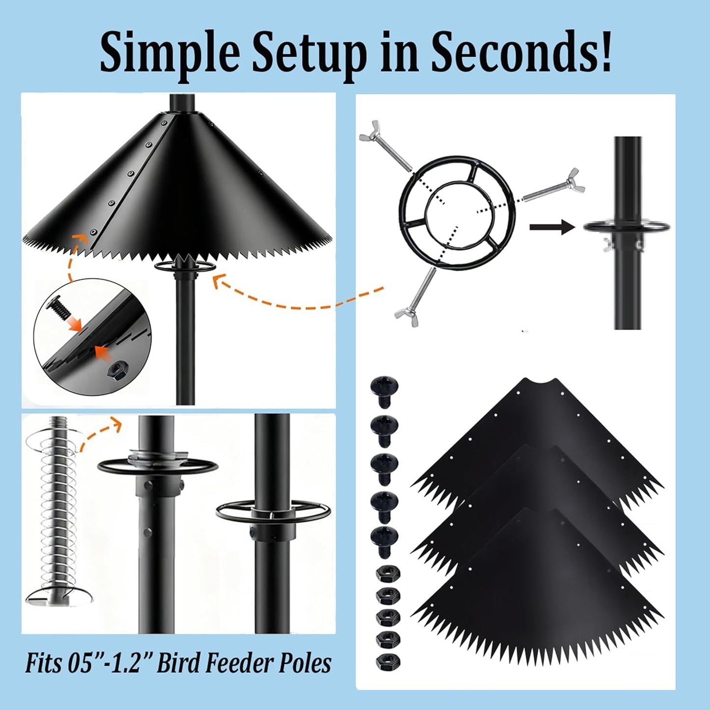 Squirrel Baffle for Bird Feeder Pole-Dynamic Steel Spring-Loaded Wobble Defense,Outside Pole Mount Bird House Guard for Outdoor Shepherd’s Hook, 19 Inch Diameter,Metal Buckle(2pcs)