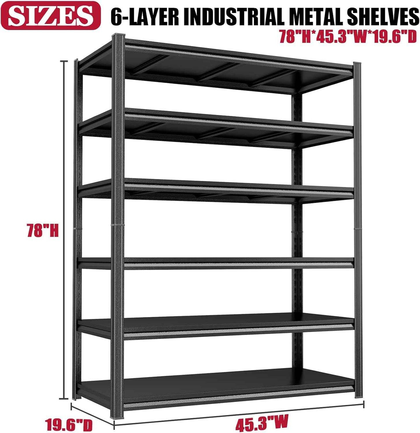 Garage Shelving Heavy Duty Storage Shelves 3000LBS 6-Tier Adjustable Metal Shelving Units Garage Storage Shelves for Warehouse, Industrial, Basement, Commercial, 78"H × 45"W × 19.6"D, Black
