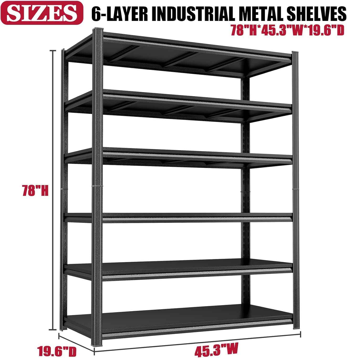 Garage Shelving Heavy Duty Storage Shelves 3000LBS 6-Tier Adjustable Metal Shelving Units Garage Storage Shelves for Warehouse, Industrial, Basement, Commercial, 78"H × 45"W × 19.6"D, Black