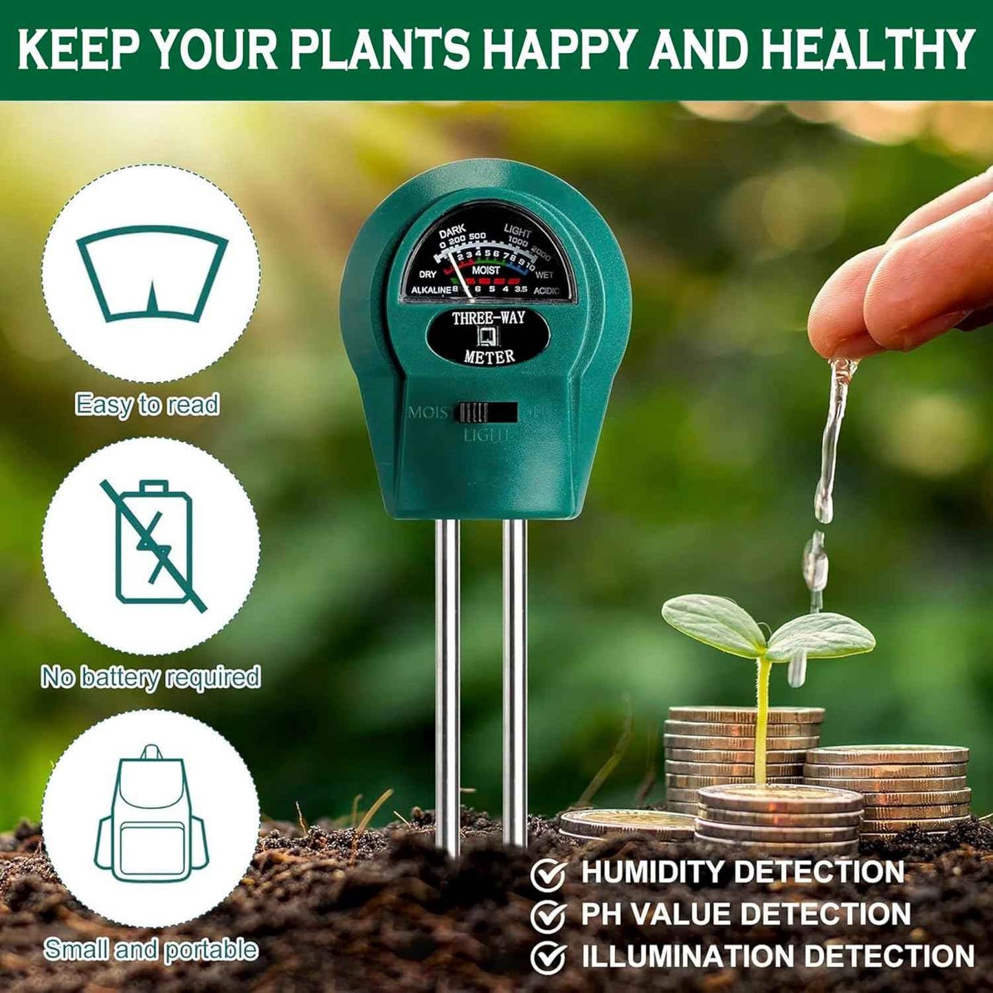 3-in-1 Soil pH Meter - Moisture, Light, and pH Tester for Garden, Lawn, Farm, Indoor & Outdoor Plant Care, Green