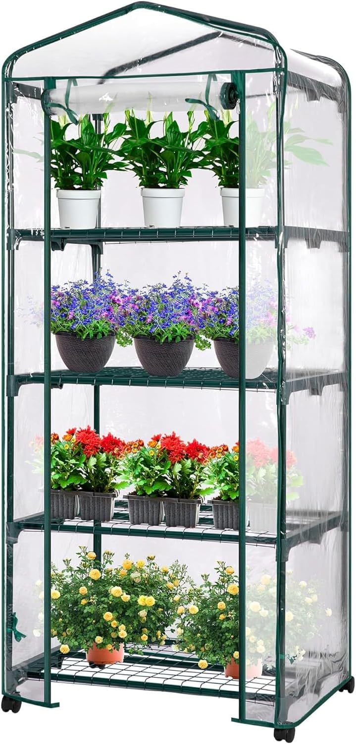 VIVOSUN Mini 4-Tier Greenhouse with Wheels, 27 x 19 x 63-Inch Reusable Portable Warm House with Clear PVC Cover and Shelf for Compact Garden and Small Backyards, with Wheels