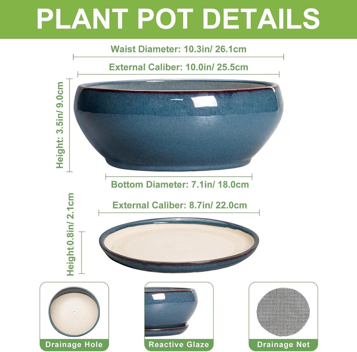SQOWL Bonsai Pots 10 Inch - Large Ceramic Succulent Pots, Shallow Planter with Drainage Hole and Saucer, Round Planter for Indoor Outdoor, Bowl Planters, Patio Decor, Gifts for Plant Lover, Blue