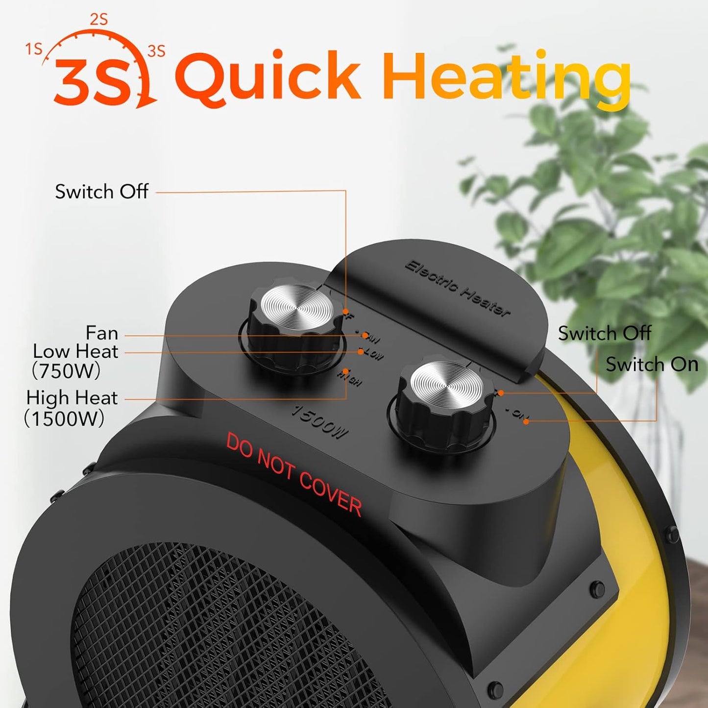 Space Heaters for Indoor Use, 1500W PTC Electric Heater with 90°Adjustable Angle, Fast Safety Heat, Small Portable Heater for Office Home(Yellow)