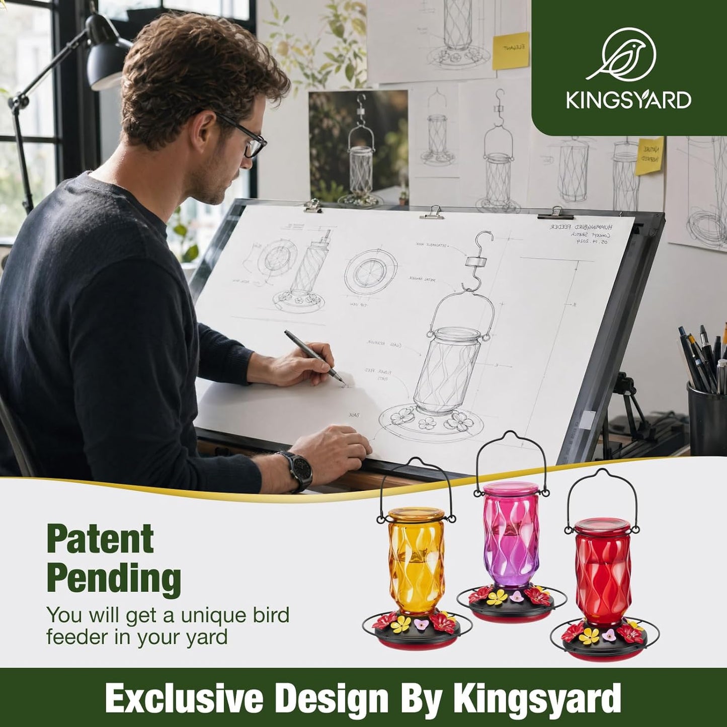 Kingsyard Glass Hummingbird Feeder for Outdoors Hanging, 20 oz Leak-Proof Wild Bird Nectar Feeders with 9 Bee Guard Ports & Ant Moat, Garden Yard Art Decor Gifts for Mom, Red