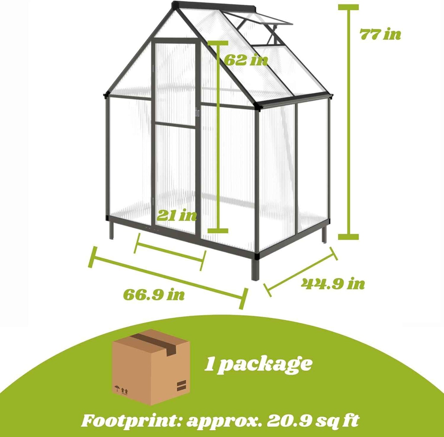 6x4 FT Greenhouse for Outdoors, Polycarbonate Greenhouse with Quick Setup Structure and Roof Vent, Aluminum Large Walk-in Green House for Outside Garden Backyard, Dark Gray