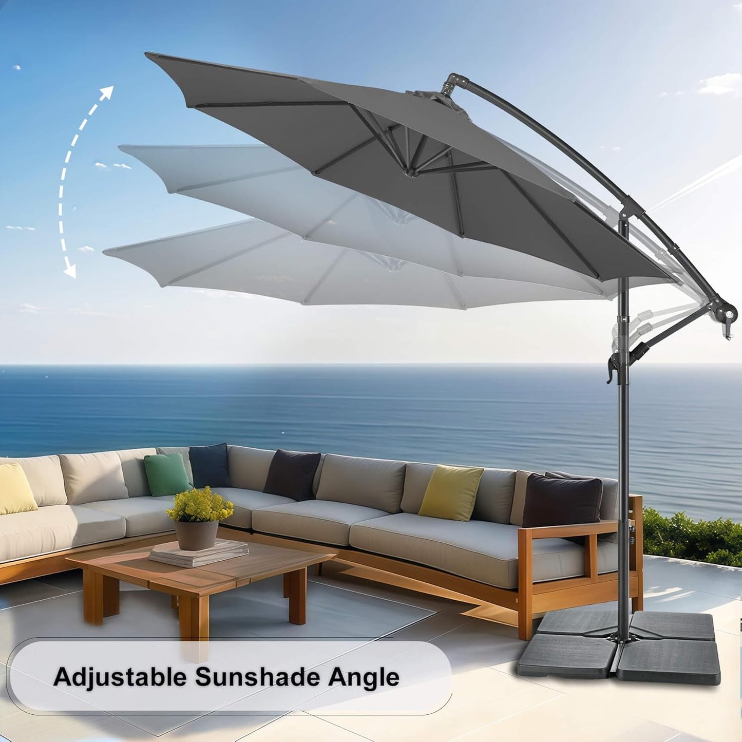 FLAME&SHADE 10ft Cantilever Patio Umbrella Outdoor, Large Offset Umbrella with Crank and Cross Base, UPF 50+ UV Protection Hanging Umbrella for Pool Deck Garden, Anthracite
