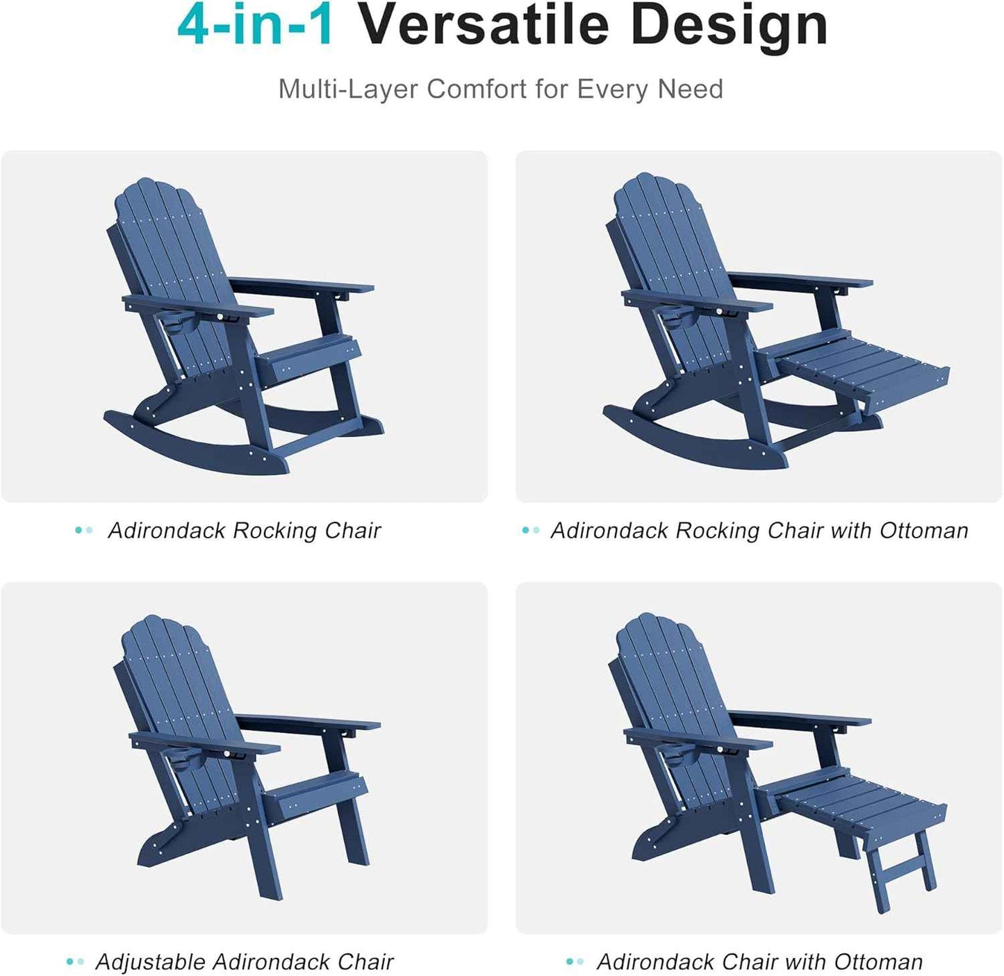 HDPE Outdoor Rocking Chairs Set of 2, 4-in-1 Folding Adirondack Chair with Retractable Ottoman, Patio Rocker with 3-Position Adjustable Backrest & Cup Holder for Porch, Backyard, Pool, Navy Blue