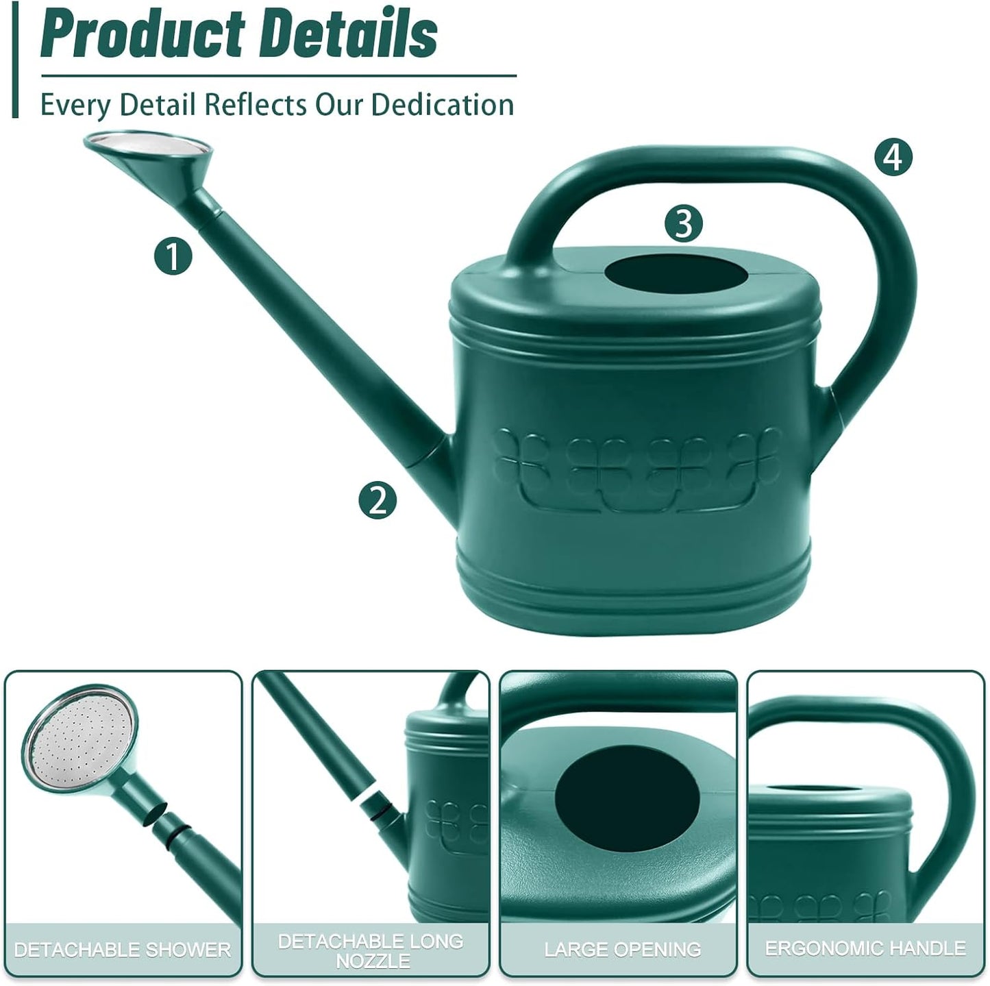Watering Can for Indoor & Outdoor Plants, Plant Watering Can with Stainless Steel Shower Head, 1 Gallon Plastic Watering Can for Garden, Flowers, Vegetable, Greenhouse (Dark Green, 1 Gallon)