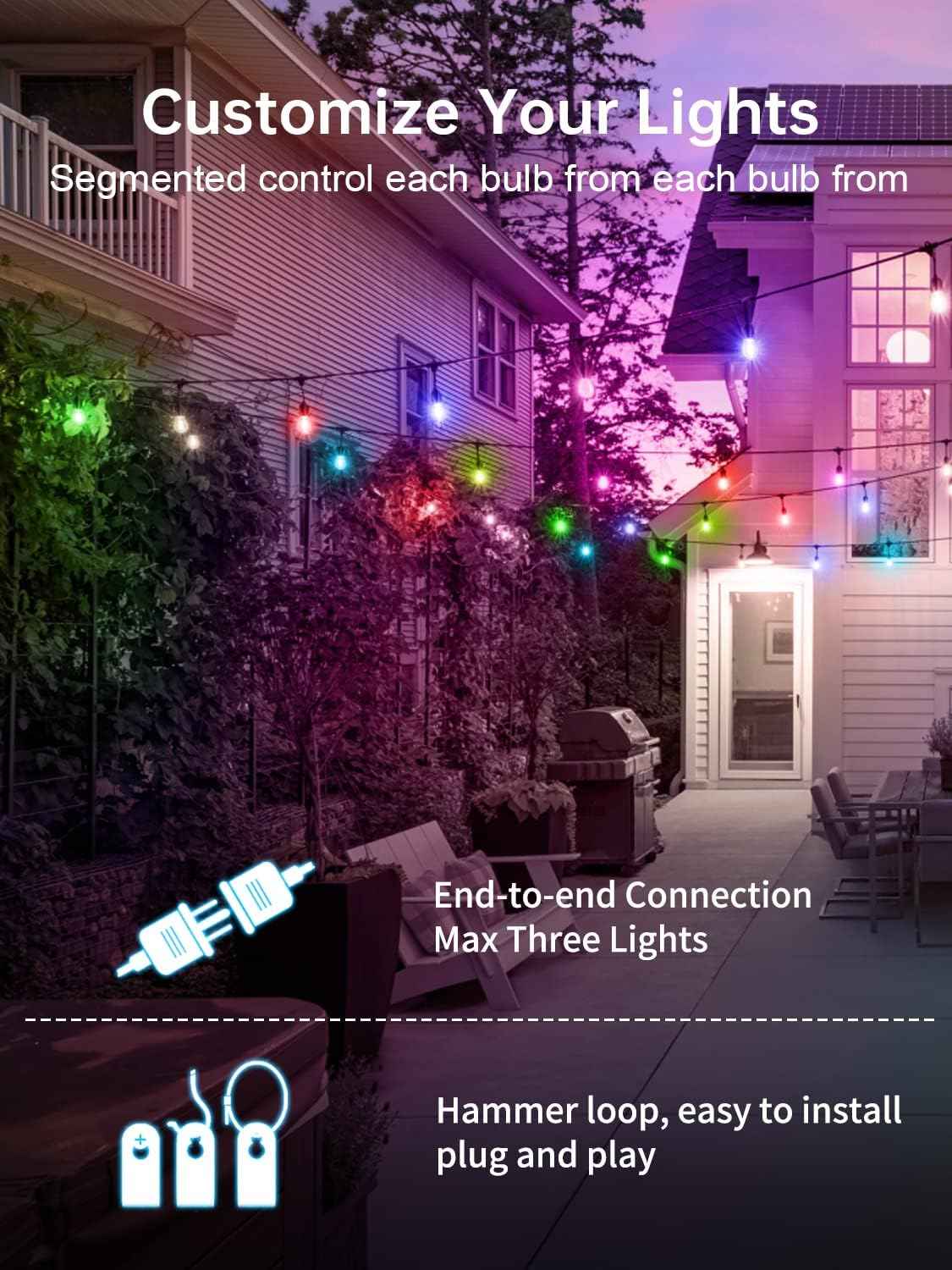 Commercial Grade 48FT LED Outdoor String Lights with Remote Control - 15 Shatterproof Bulbs Waterproof Color Changing Christmas Lights, Dimmable for Patio, Garden, Wedding Decor