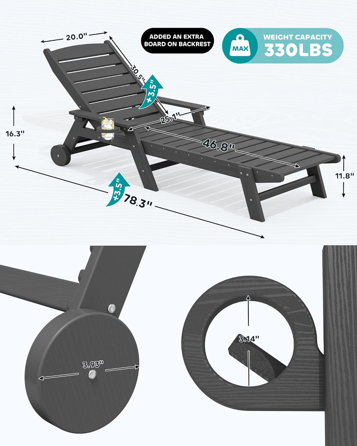 SERWALL Patio Chaise Lounge Chair Set of 2 with 9FT Patio Umbrella, 78'' HDPE Outdoor Lounger, Poly Lounge Chair with Rolling Wheels & Cup Holder for Pool,Slate Gray (Umbrella Base not Included)