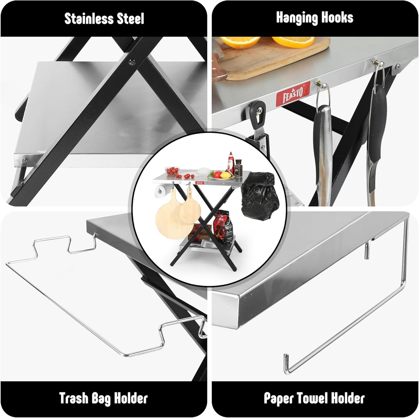 Outdoor Grill Table, Foldable Pizza Oven Stand & Blackstone Griddle Stand with Garage Rack & Tissue Holder, Folding Outdoor Prep Table for Gathering and Party, 30" x 24", Stainless Steel