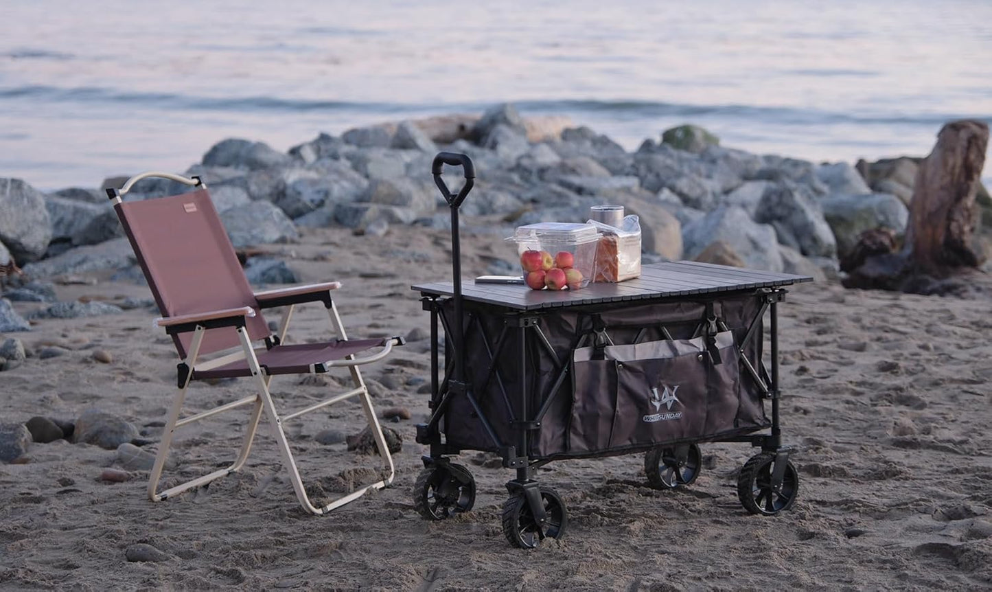 Whitsunday Folding Collapsible Utility Wagon, 400Lbs Heavy Duty Outdoor Park Beach Wagon with Table and Side Pocket for Garden Camping Sports Shopping Green