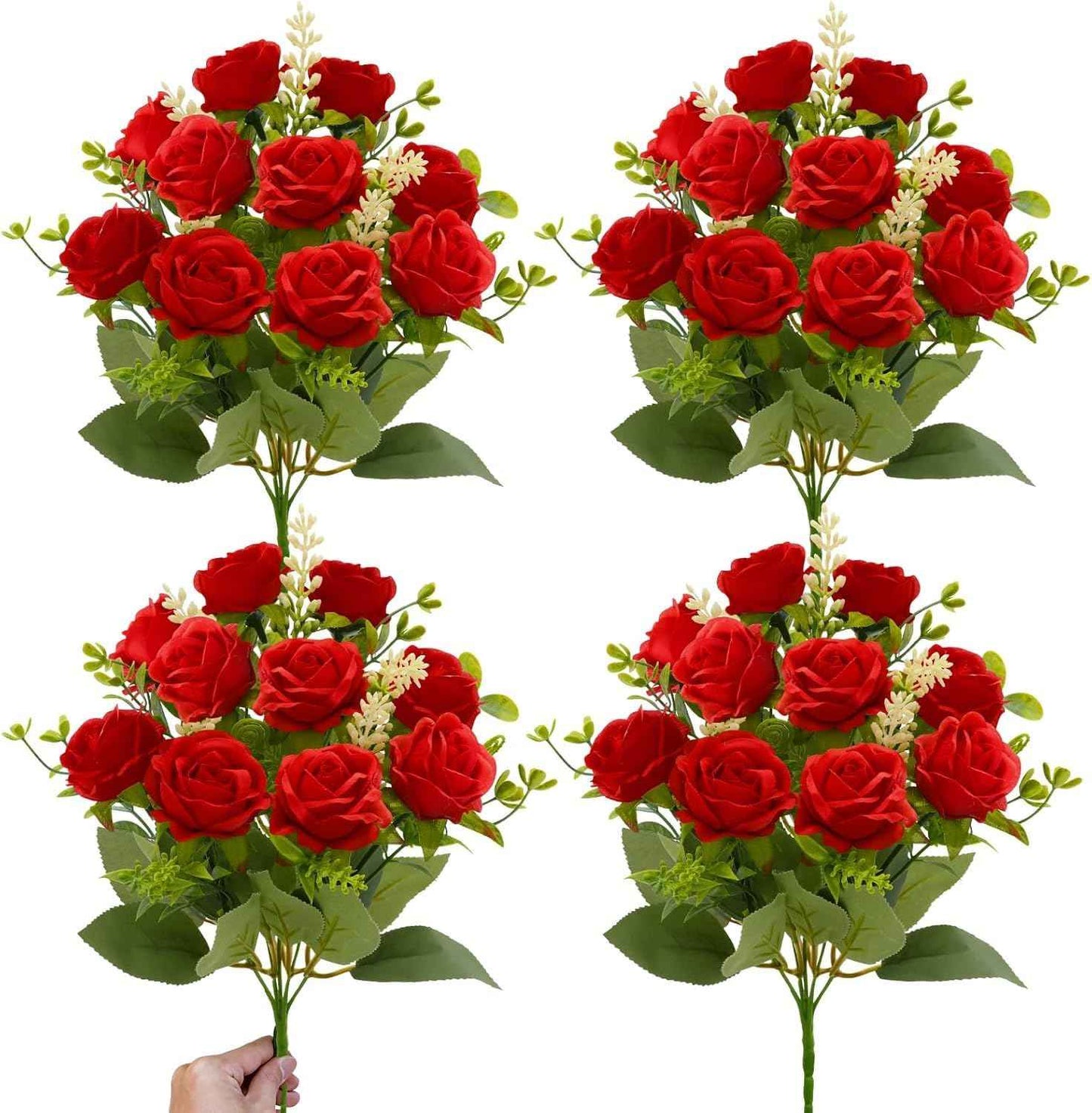TURNMEON 40 Heads Fake Roses Artificial Flowers for Outdoors Summer Decor, 4 Bouquets UV Resistant Fake Flower Bouquet Faux Silk Roses for Wedding Birthday Party Home Indoor Cemetery Decor(Red)