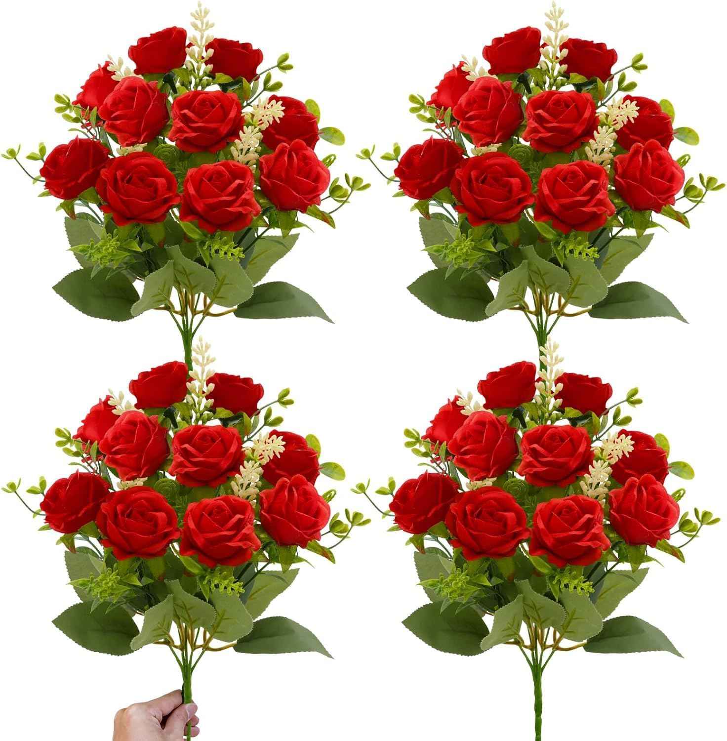 TURNMEON 40 Heads Fake Roses Artificial Flowers for Outdoors Summer Decor, 4 Bouquets UV Resistant Fake Flower Bouquet Faux Silk Roses for Wedding Birthday Party Home Indoor Cemetery Decor(Red)