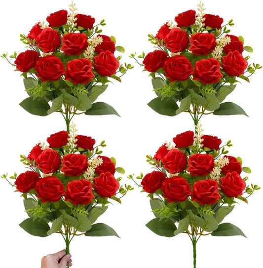 TURNMEON 40 Heads Fake Roses Artificial Flowers for Outdoors Summer Decor, 4 Bouquets UV Resistant Fake Flower Bouquet Faux Silk Roses for Wedding Birthday Party Home Indoor Cemetery Decor(Red)