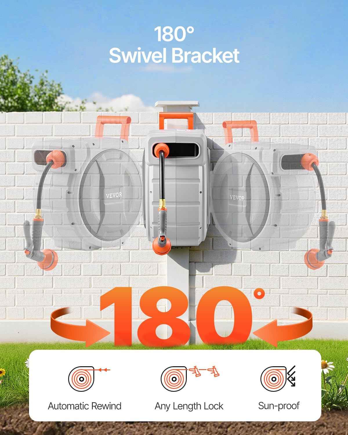 VEVOR Retractable Garden Hose Reel, 1/2 Inch x 65 ft Wall Mounted, Heavy Duty Garden Hose Reel with 9 Patterns Nozzle, Any Length Lock, Upgraded Slow Return System and 180°Swivel Bracket