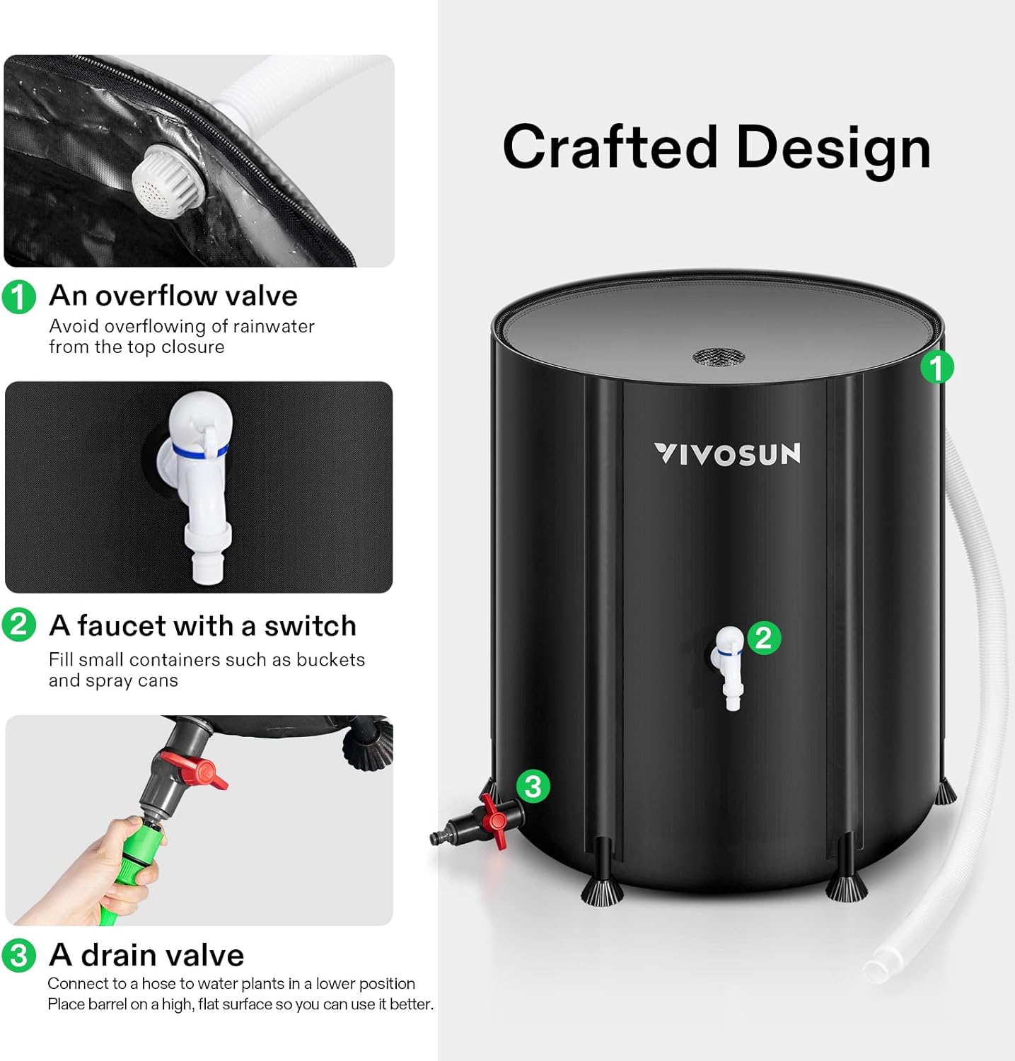 VIVOSUN Collapsible Rain Barrel, 53 Gallon Water Storage Tank with 1000D Oxford Cloth, Portable Rain Collection System Includes Two Spigots and Overflow Kit, Black