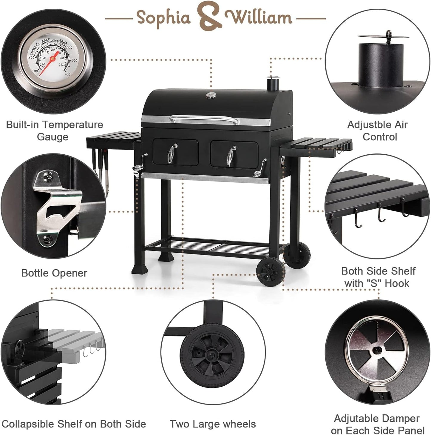 Sophia & William Extra Large Charcoal BBQ Grills with 794 SQ.IN. Cooking Area, Heavy Duty Outdoor Barbecue Grill with 2 Individual Lifting Charcoal Tray and 2 Foldable Side Table, Black