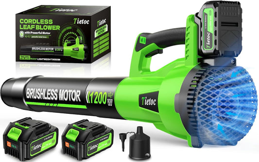 Tietoc Leaf Blower Cordless, 1200W Brushless Electric Leaf Blower with 2 X 5.0Ah Battery, 6 Speed Levels, 2 Extended Tube and Nozzles, Powerful Leaf Blowers for Garden, Patio, Lawn Care (Green)