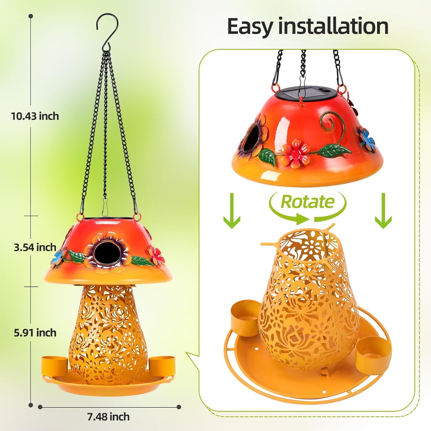 Mushroom Solar Bird Feeders for Outdoors Hanging Metal Wild Bird Feeder Garden Lantern with S Hook for Garden Decoration Orange