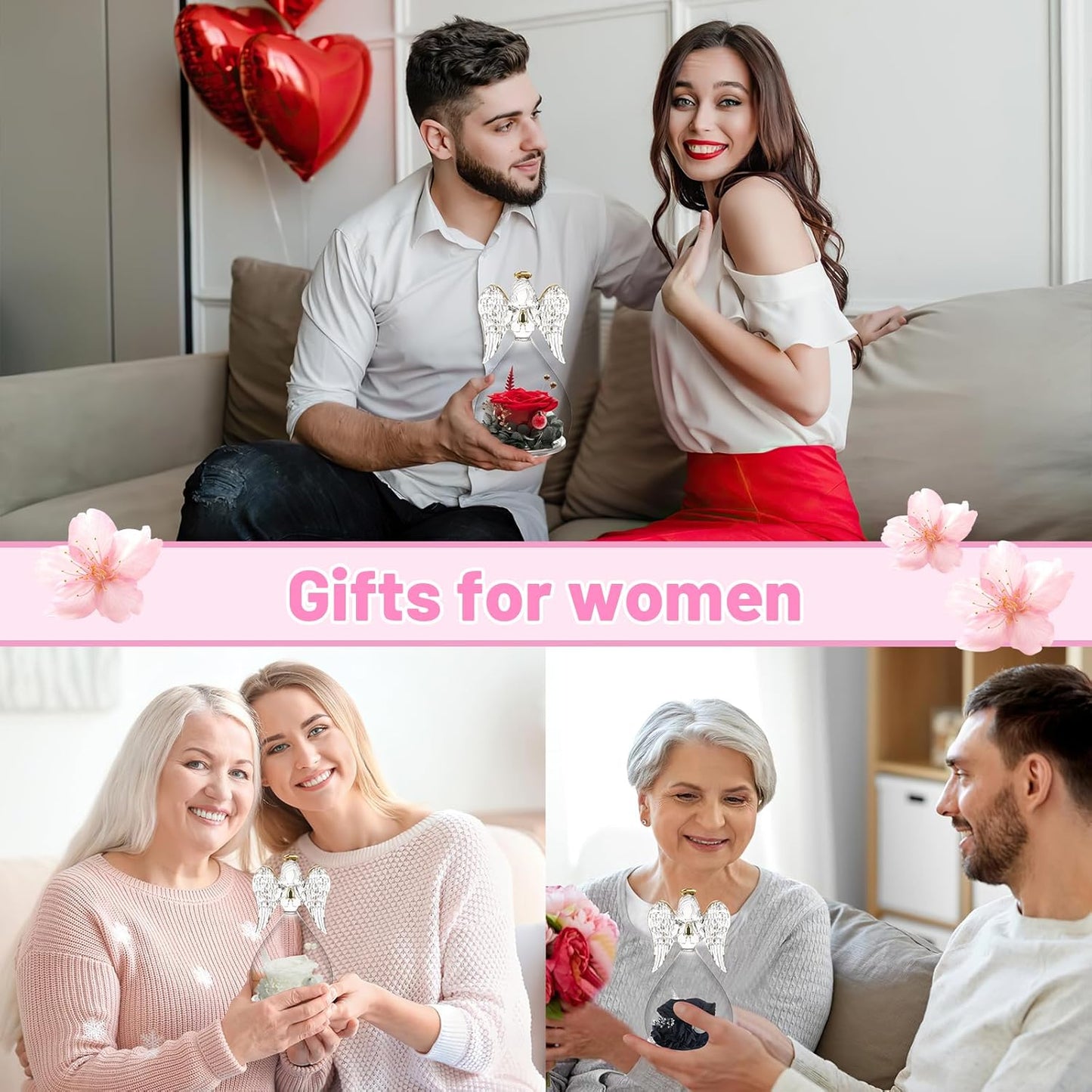 Yamonic Birthday Gifts for Women, Angel Figurines with Real Rose Gifts for Her Mom Grandma,Preserved Flowers Rose Angel Figurines for Mothers Day Christmas Anniversary Birthday Gifts for Her (White)