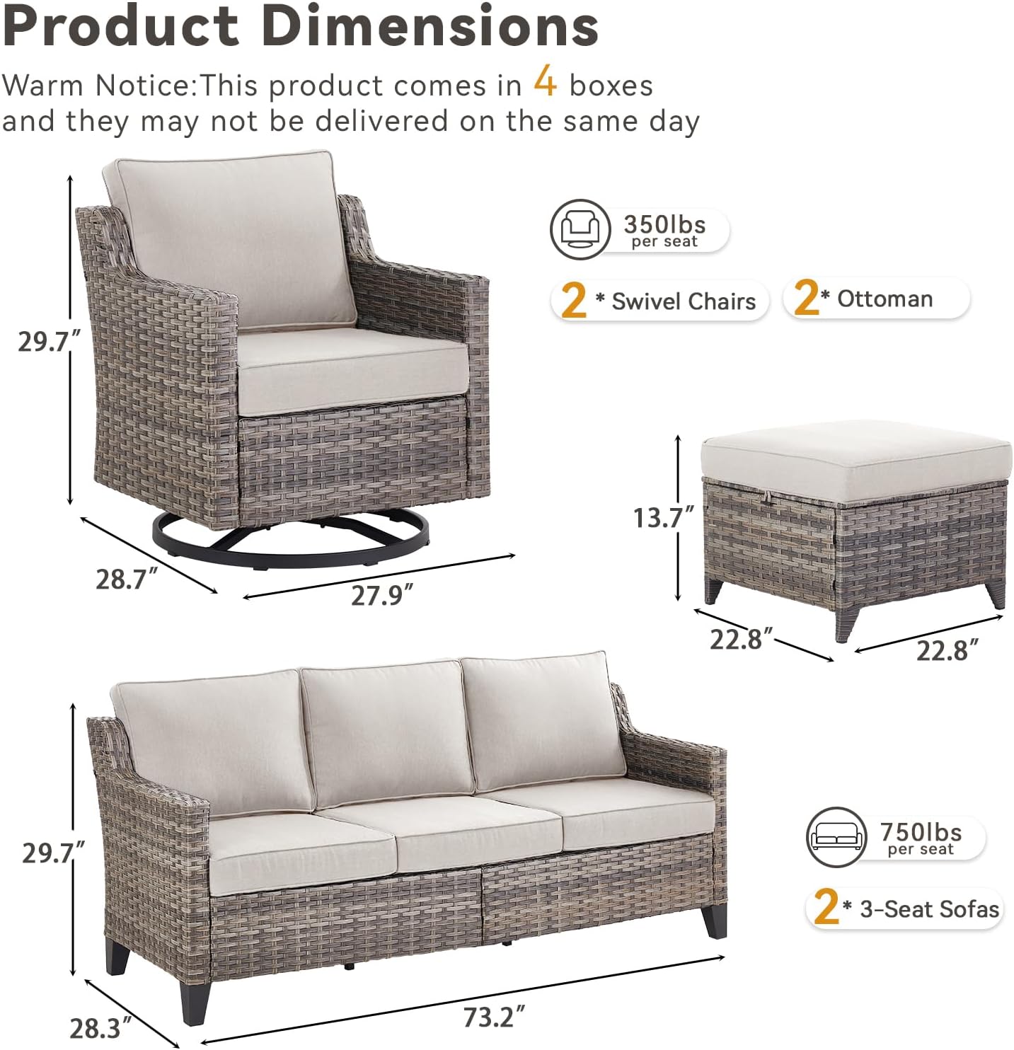 Wicker Patio Furniture Set-6 Piece High Back Outdoor Furniture Set Sectional Sofa with Wicker Swivel Rocker Patio Chairs,Thick Cushions Ottomans for Porch Balcony Patio Deck Grey/Beige