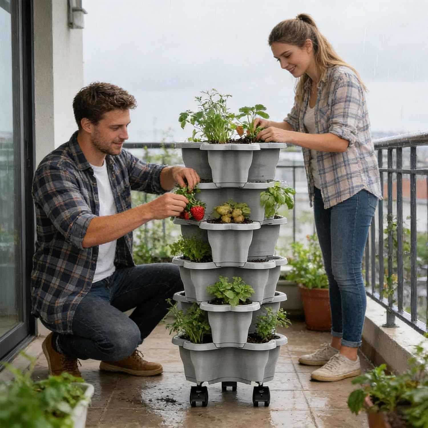 Vertical Planter Tower - 6 Tier Stackable Garden Planters with Wheels for Strawberry Flower and Vegetable Indoor Outdoor Use Gray