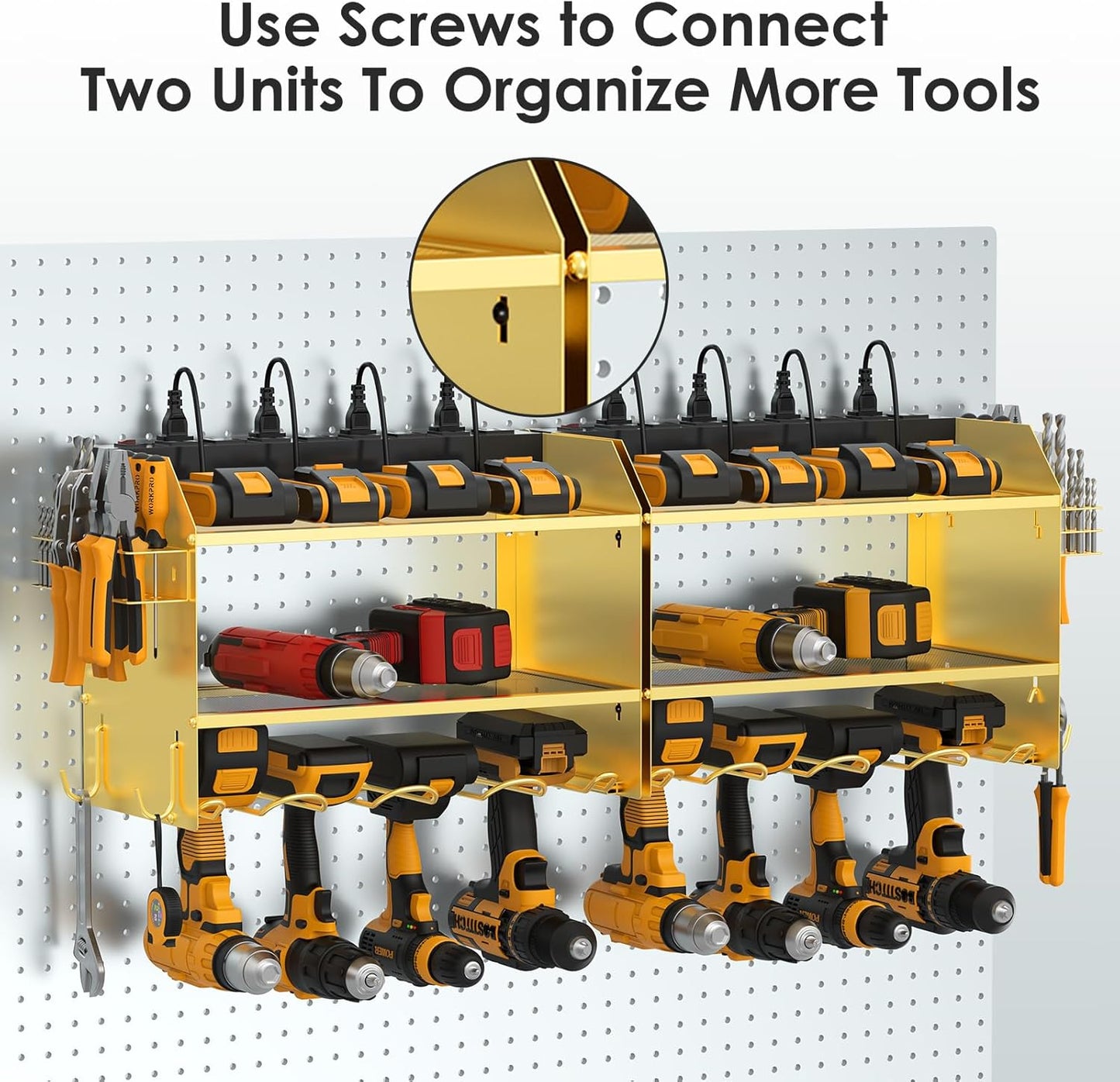 CCCEI Modular Power Tool Organizer Wall Mount with Charging Station. Garage 4 Drill Storage Shelf with Hooks, Drill Bit Heavy Duty Rack, Gold Tool Battery Holder Built in 8 Outlet Power Strip.