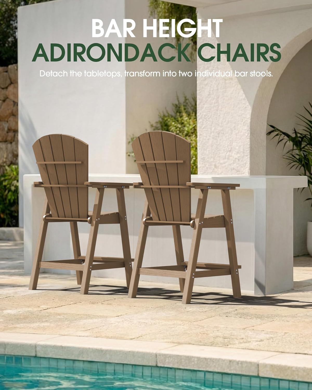 Tall Adirondack Chairs Set of 2, HDPE High Adirondack Chairs with Double Removable Trays, All Weather Outdoor Barstools for Patio, Balcony, Backyard, Deck and Garden, Teak