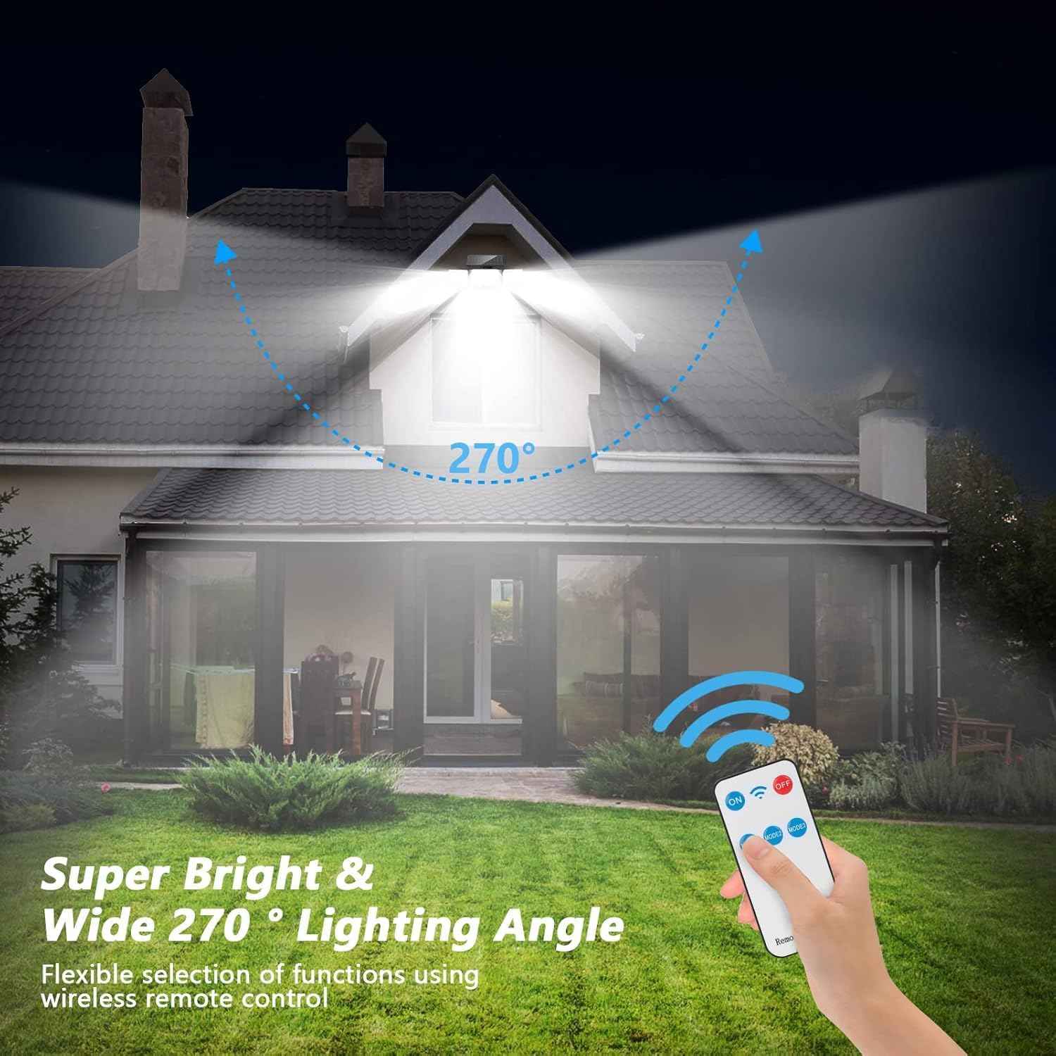 Solar Outdoor Lights, IP65 Waterproof Motion Sensor Outdoor Lights with Remote Control, 4 Heads Solar Flood Wall Lights for Outside Yard Pack of 2