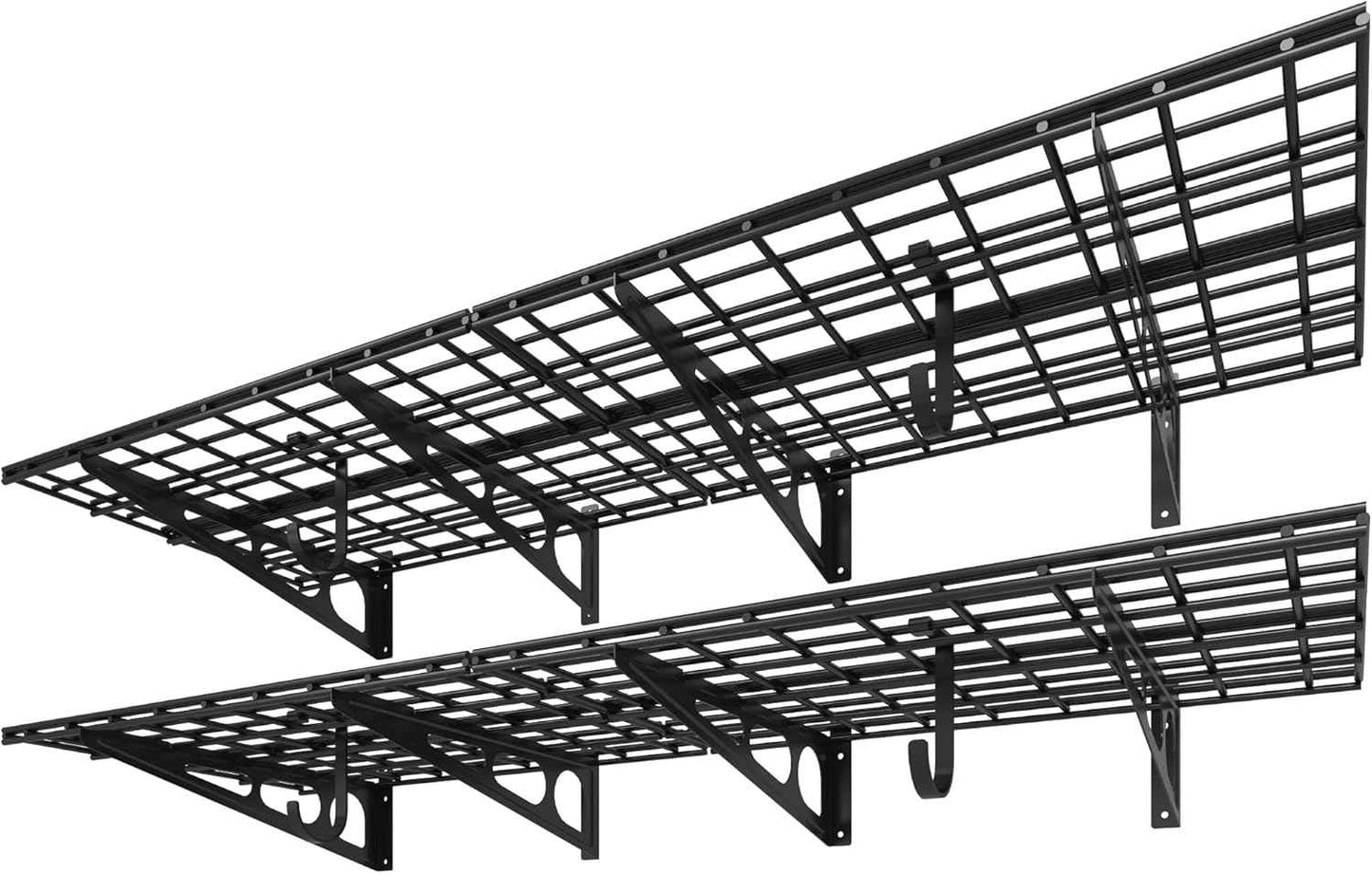 FLEXIMOUNTS 2-Pack 2x6ft Garage Shelving with Hooks 24-inch-by-72-inch Wall Shelf Garage Storage Racks Floating Shelves, Black, Classic Series