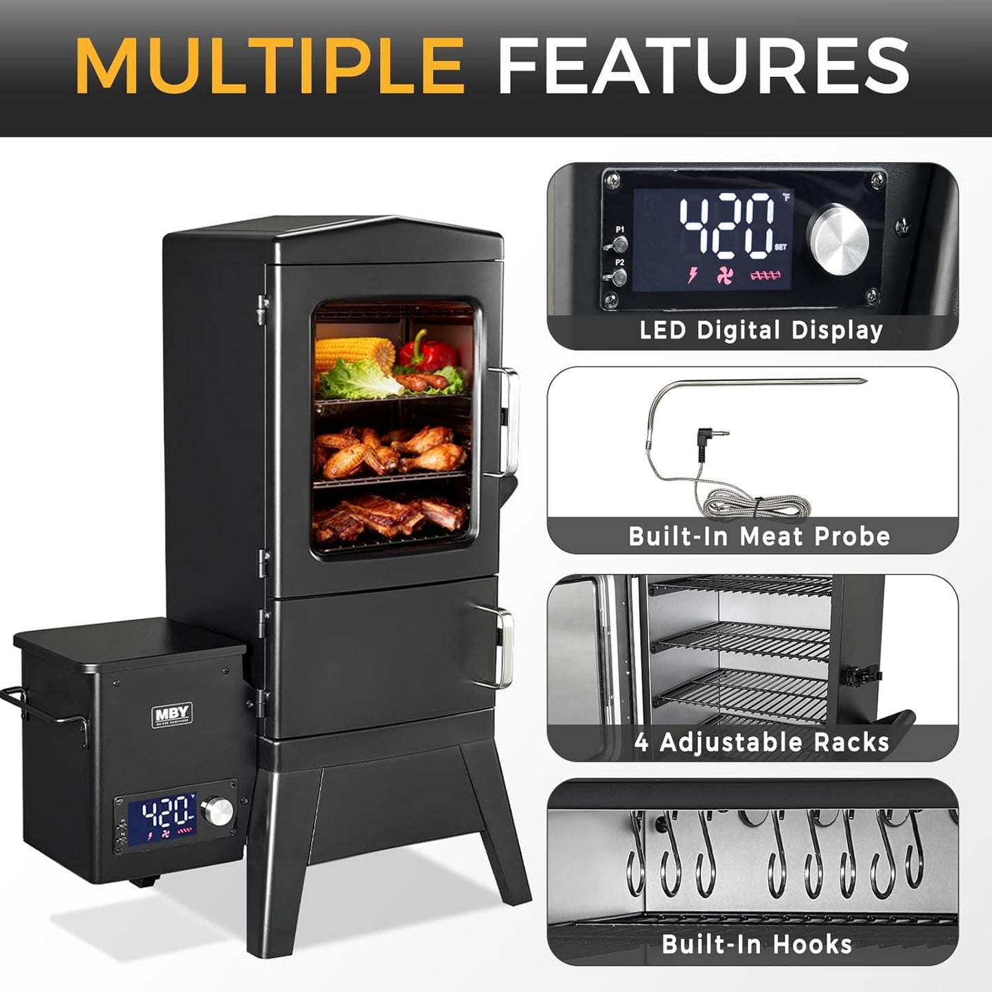 Pellet Smoker with Cover, Electric Wood Pellet Smoker Grill With Meat Probe and Hook, 616 Sq in Cooking Area LED Display Temperature Control, Outdoor Cooking, Patio, Garden Barbecue, Obsidian Black